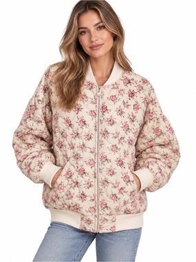 MARBLE Cream Quilted Bomber Jacket with Pink Floral Print